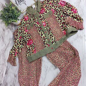 F.L MALIK vintage matching set women's size L green/pink animal print floral